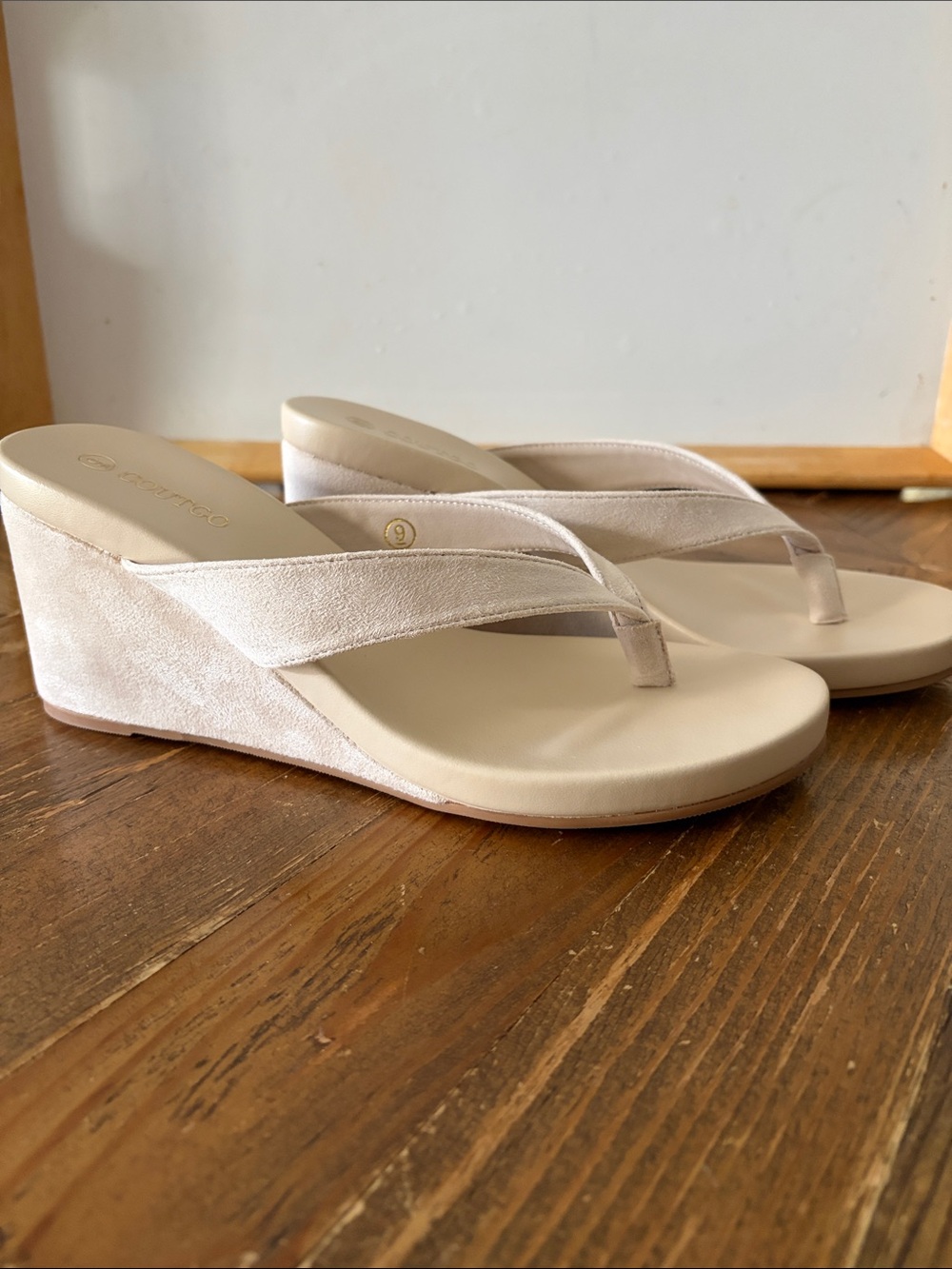 Suede Wedge Thong Sandals in Light Beige - Women's